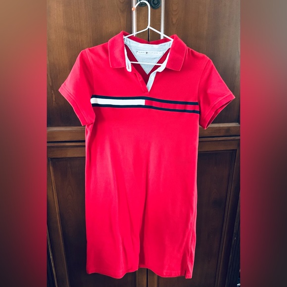 Tommy Hilfiger red cotton T-shirt dress at knee logo color blocks over chest - Picture 5 of 11